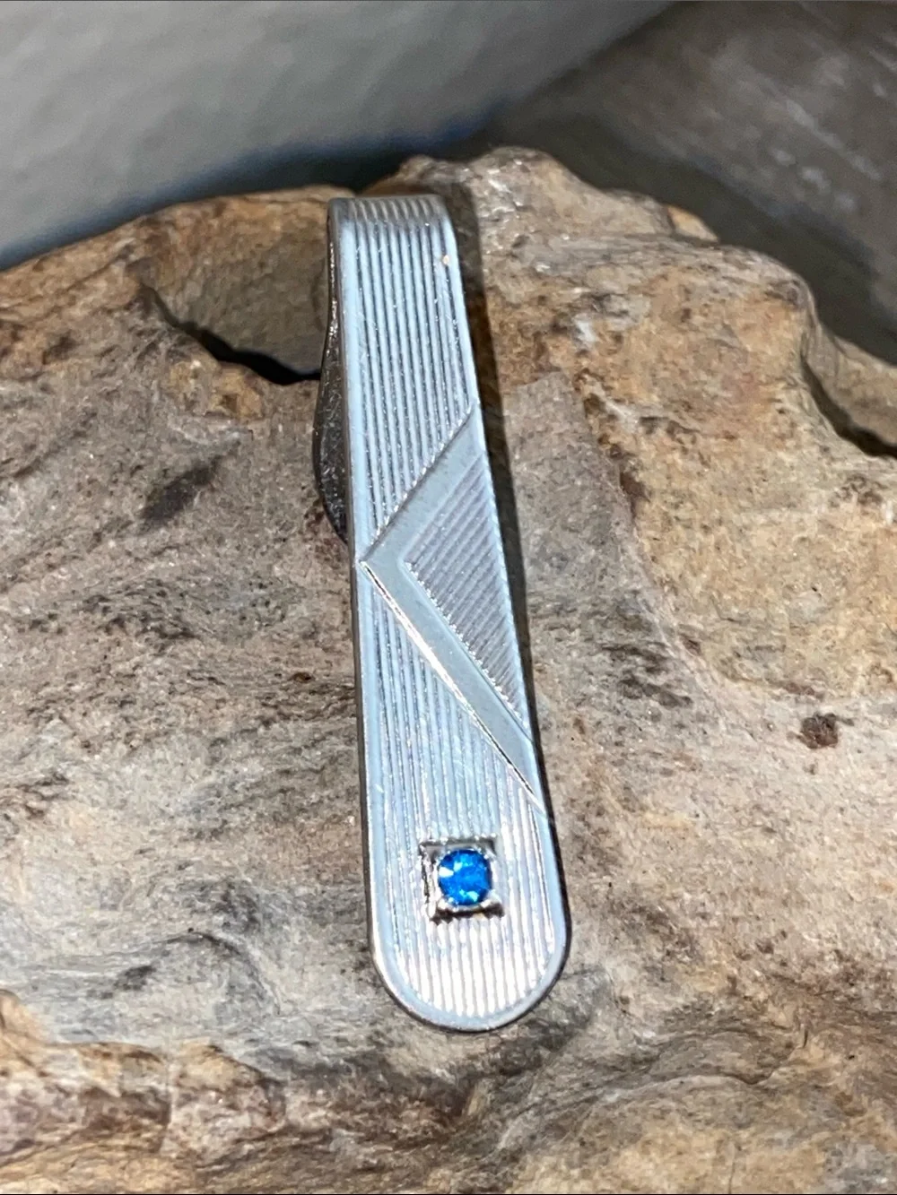 Vintage Silver Tone & Blue Crystal Tie Tack